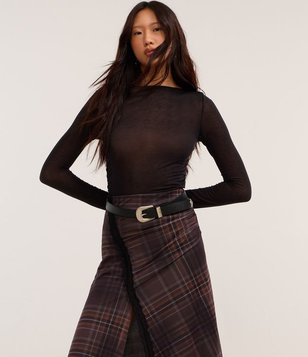 Saia New Midi em Tule Xadrez com Pontas