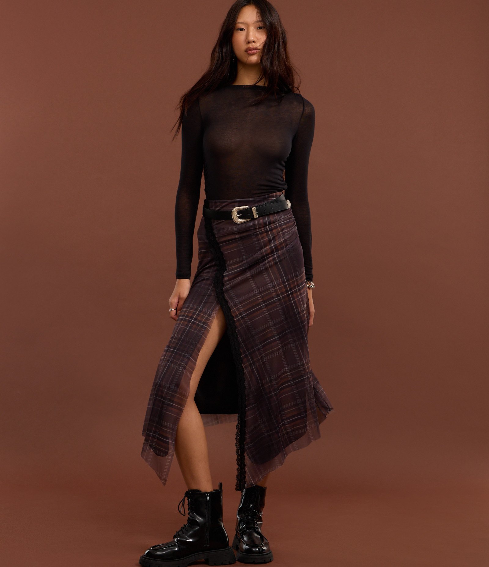 Saia New Midi em Tule Xadrez com Pontas Marrom 5