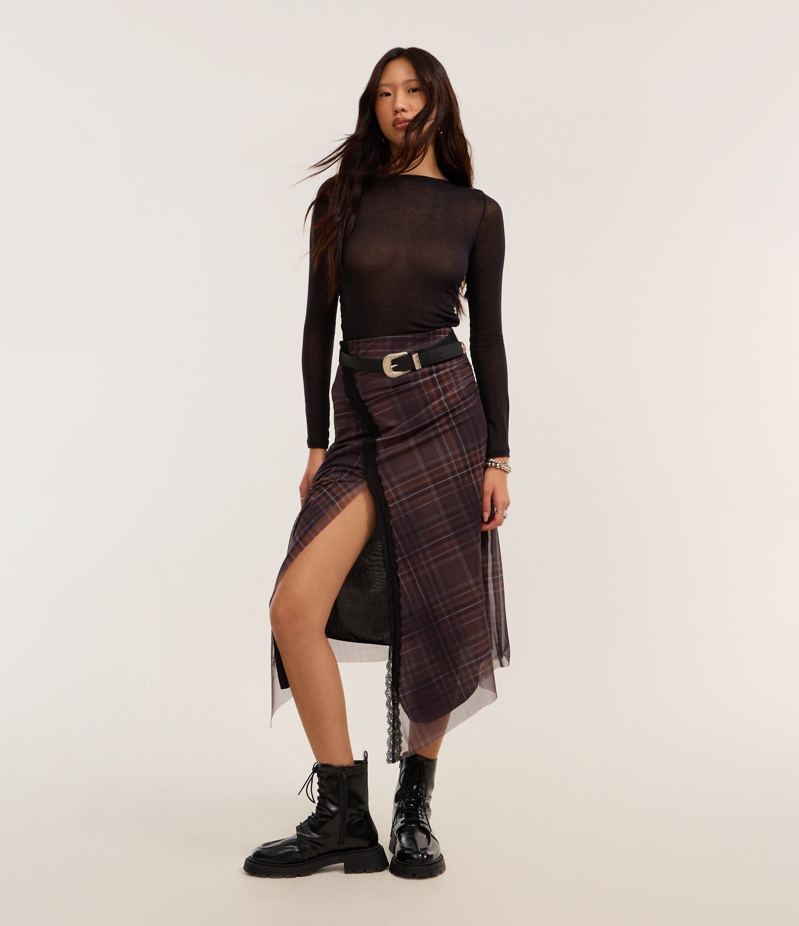 Saia New Midi em Tule Xadrez com Pontas Marrom 1