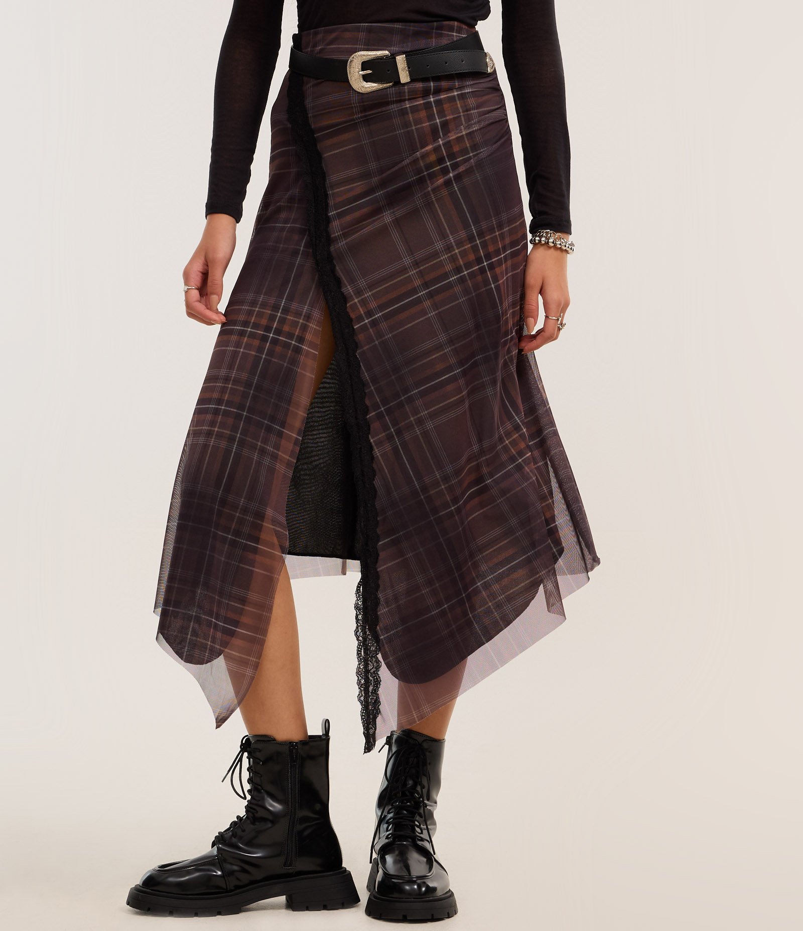 Saia New Midi em Tule Xadrez com Pontas Marrom 3