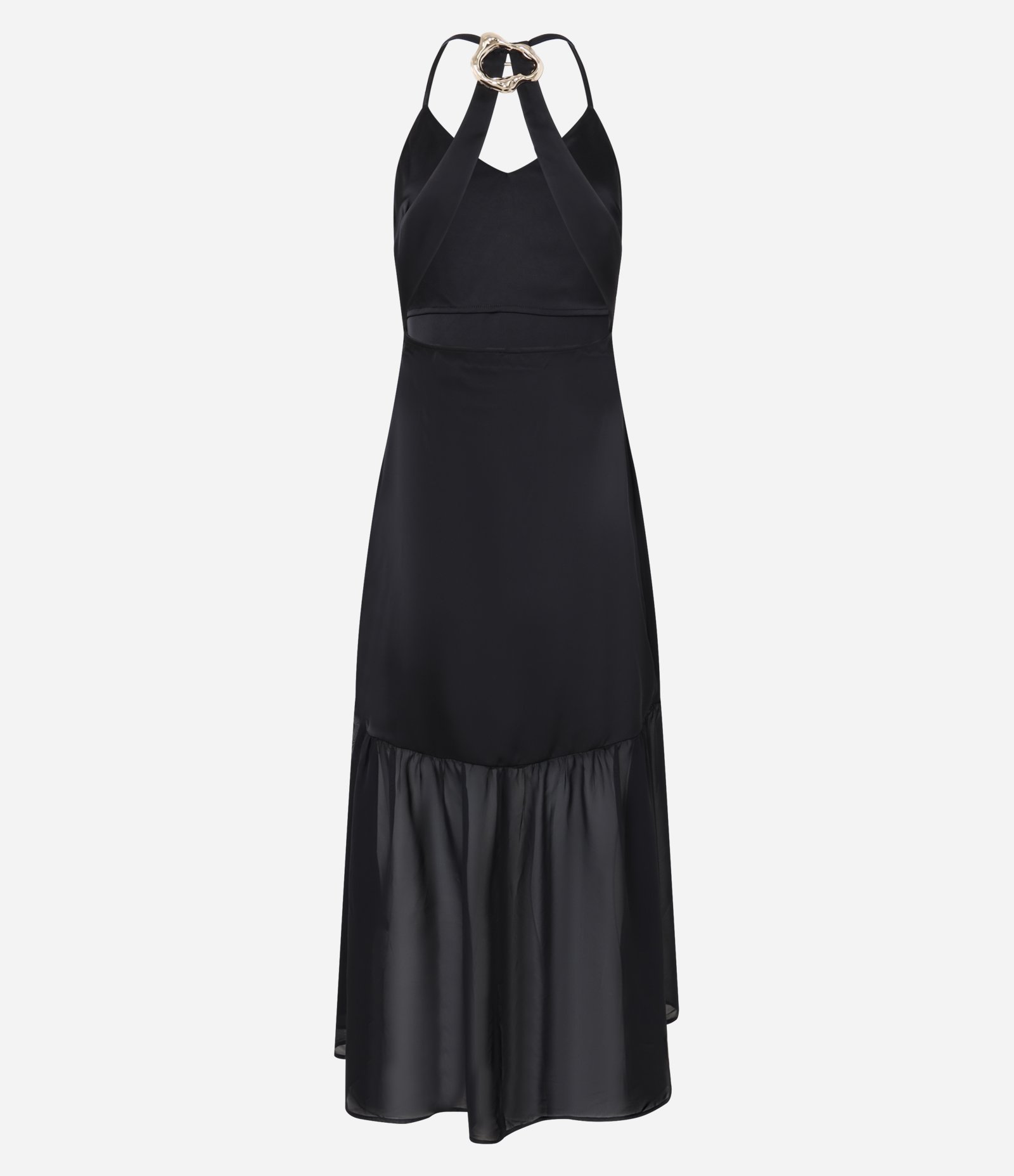 Vestido New Midi Acetinado com Costas Abertas e Detalhe Metal Orgânico Preto 7