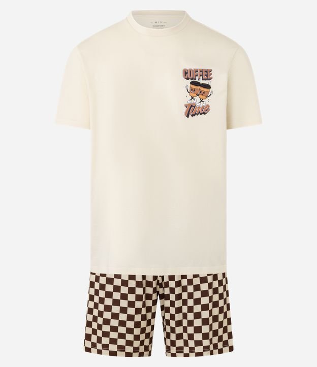 Pijama Comfort em Algodão Coffee Time e Bermuda Quadriculada