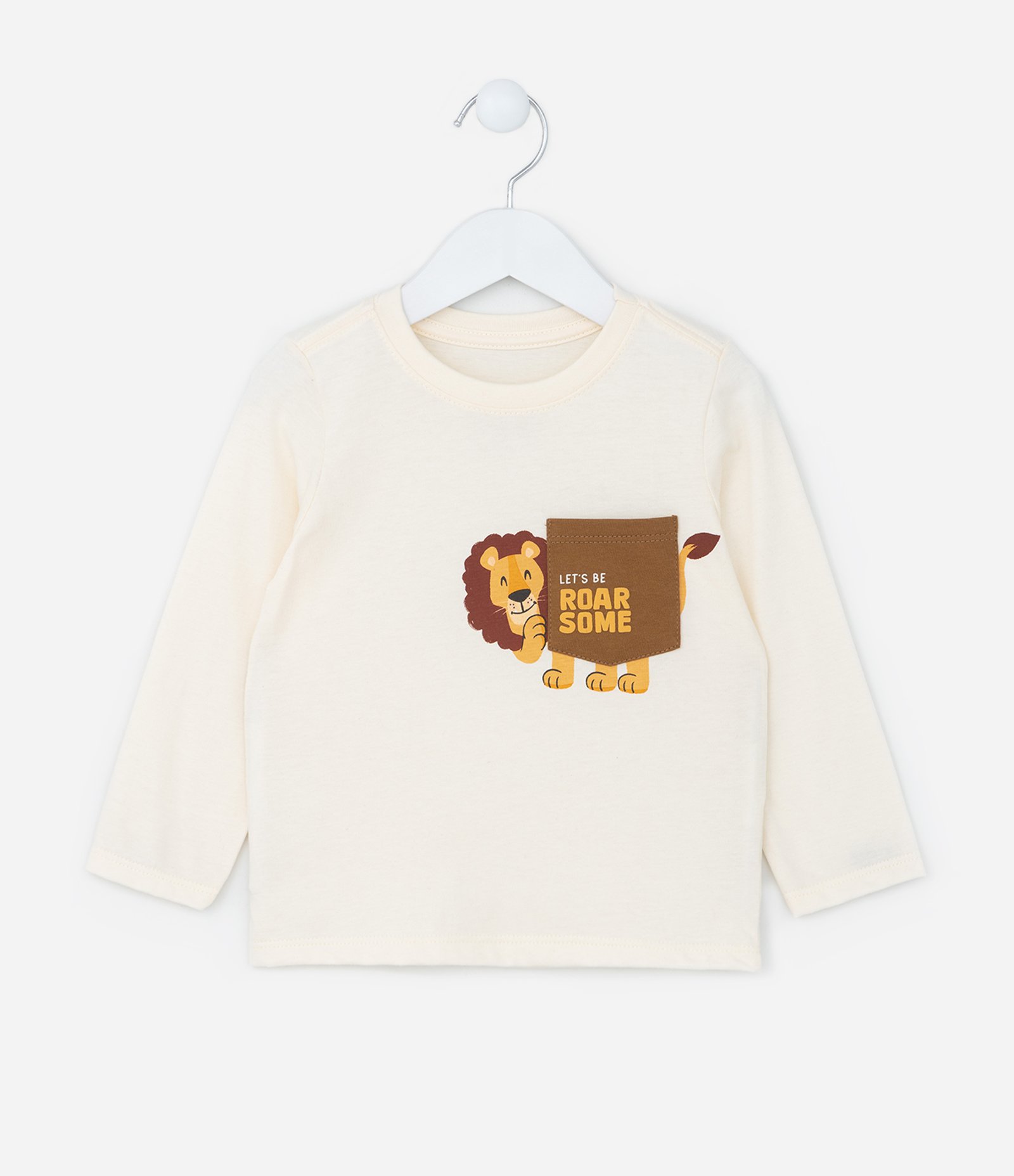 Camiseta Infantil com Bolsinho Estampa de Leãozinho - Tam 1 a 6 Anos Bege 1
