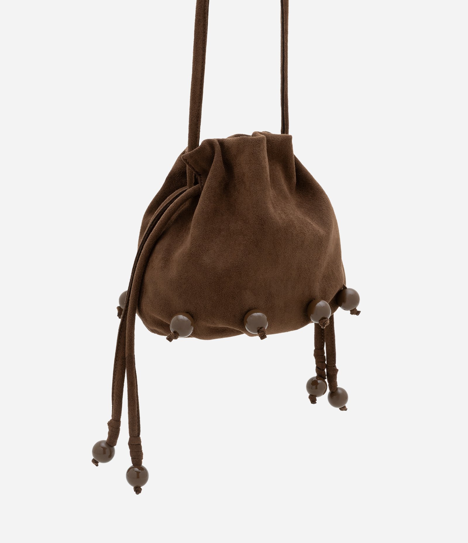 Bolsa Bucket Pequena em Suede com Detalhes de Esféras Marrom 2