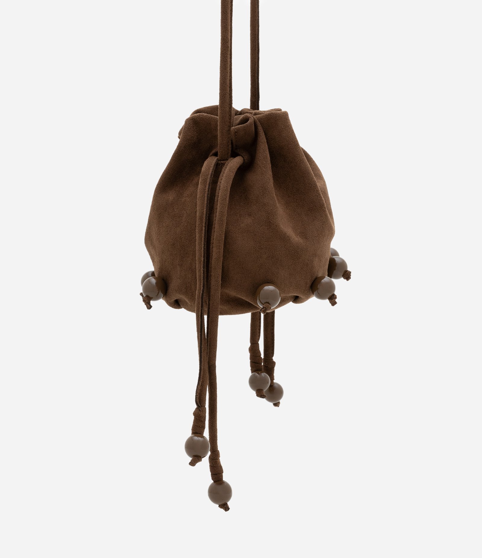 Bolsa Bucket Pequena em Suede com Detalhes de Esféras Marrom 3