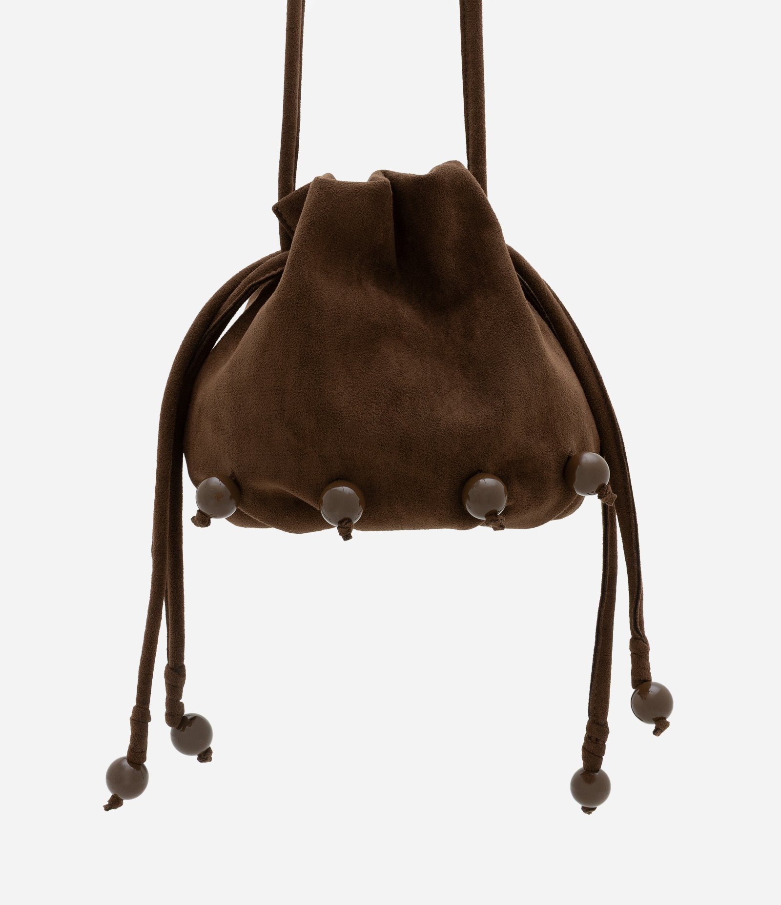 Bolsa Bucket Pequena em Suede com Detalhes de Esféras Marrom 4