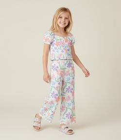 Calça Wide Leg Infantil em Chalis com Estampa Floral - Tam 5 A 14 Anos