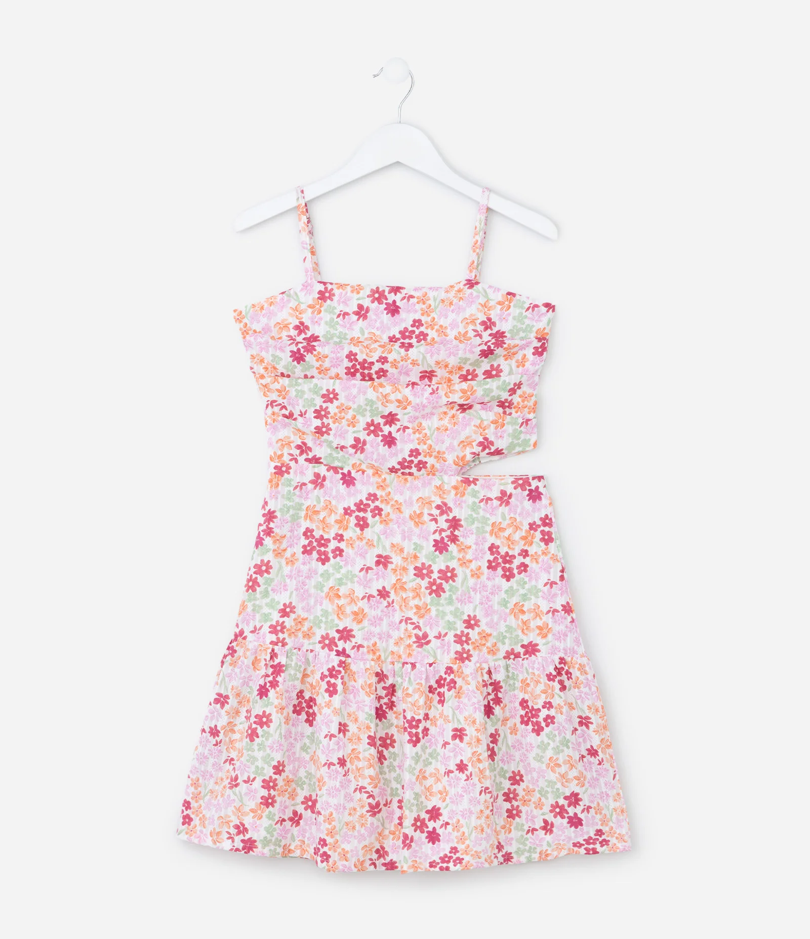 Vestido Infantil Maquinetado com Cut Out e Estampa Floral - Tam 7 a 14 Anos Multicores 2