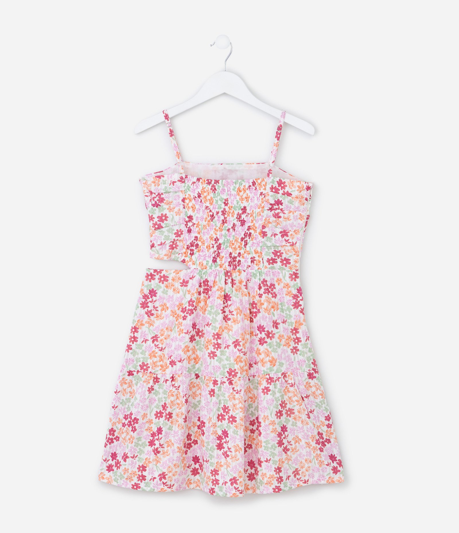 Vestido Infantil Maquinetado com Cut Out e Estampa Floral - Tam 7 a 14 Anos Multicores 3