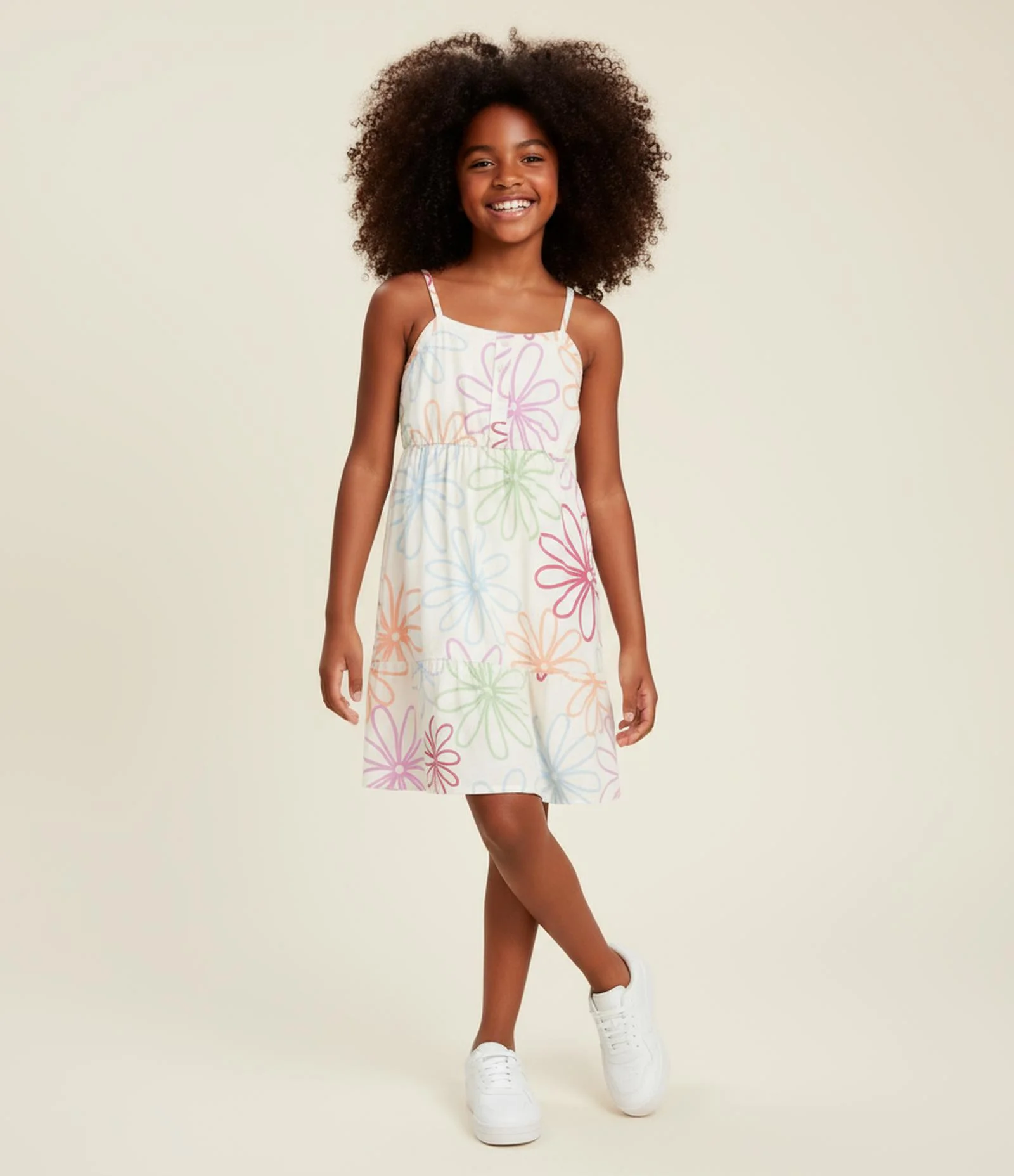 Vestido Infantil de Alcinha em Viscose com Estampa Floral - Tam 5 a 14 Anos Bege 1