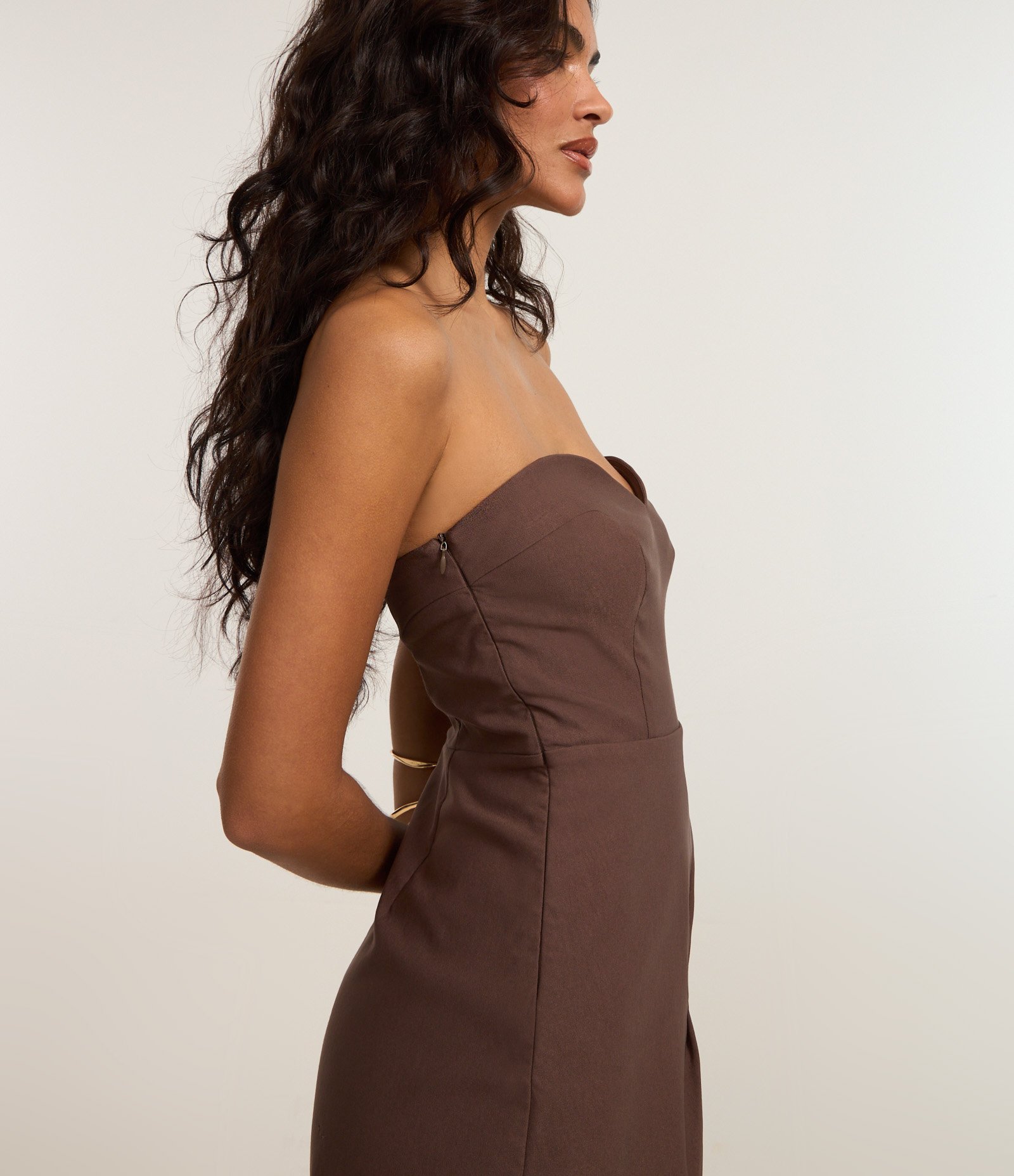 Macaquinho em Bengaline com Saia Sobreposta e Assimétrica Marrom 3