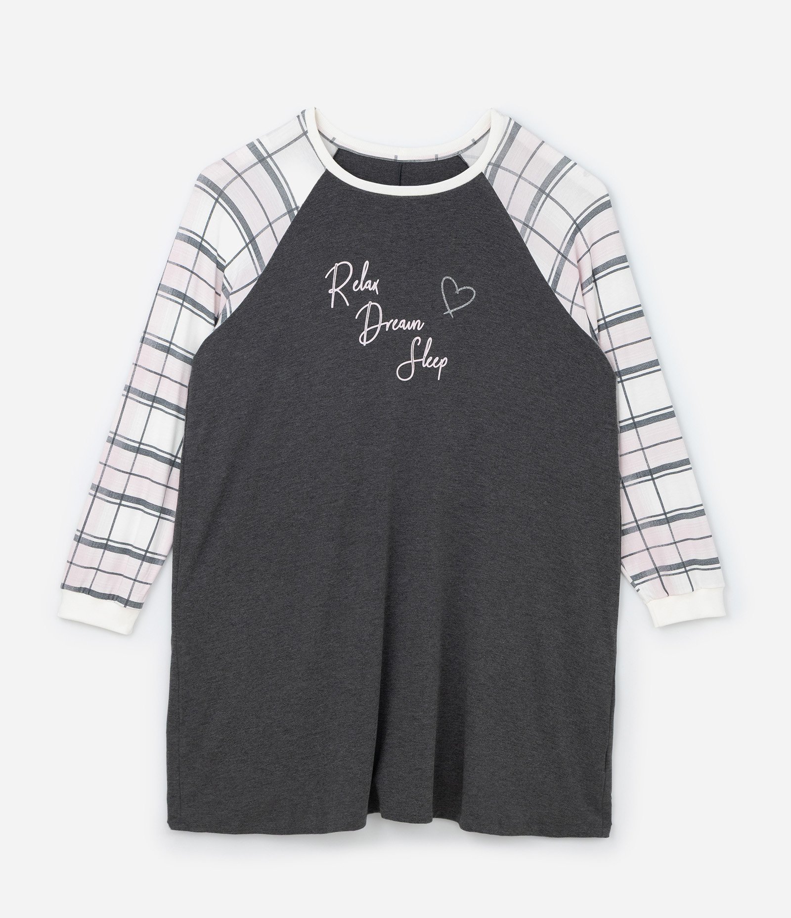 Camisola Raglan Xadrez e Estampa Lettering Curve & Plus Size Cinza 4
