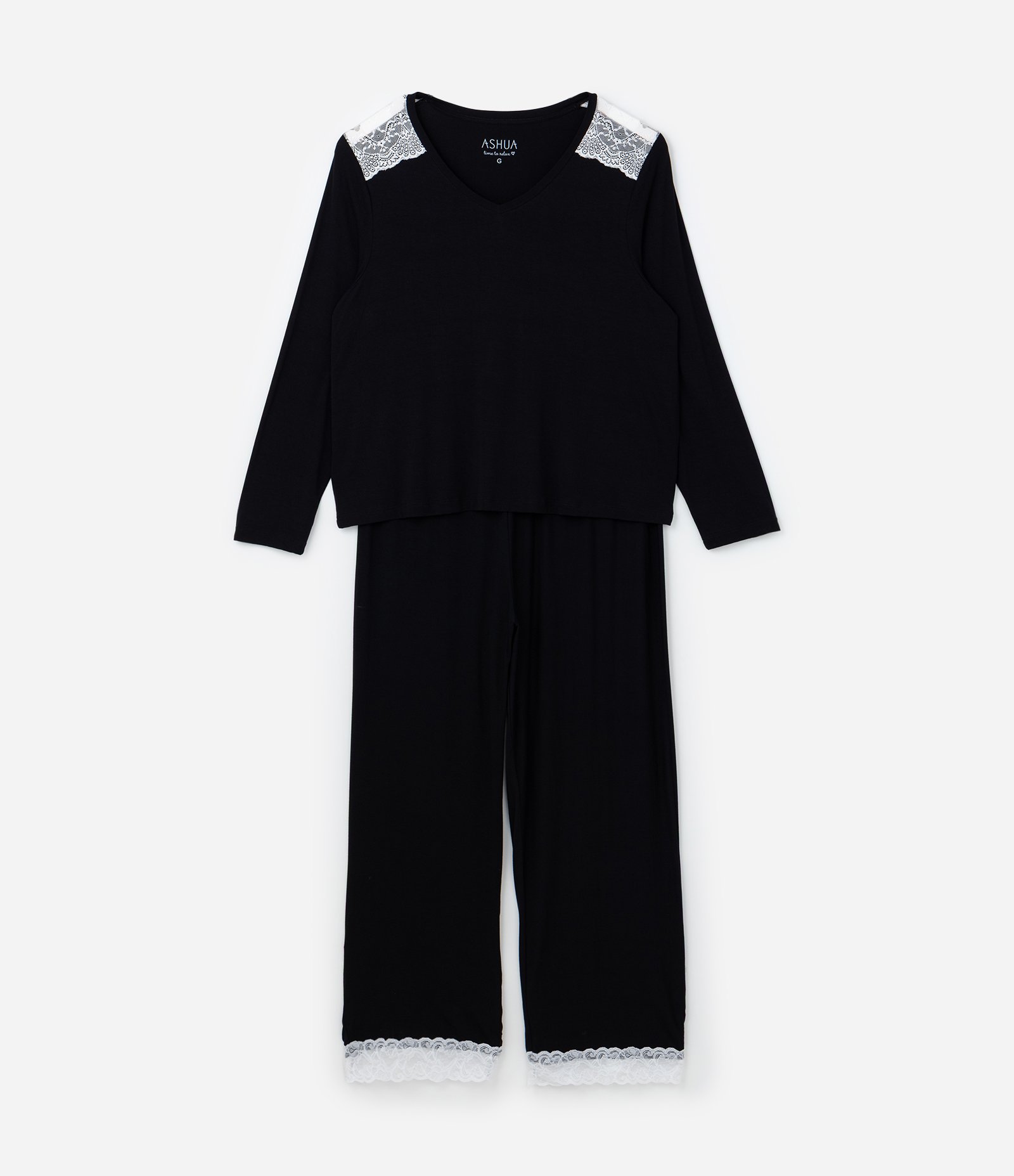 Pijama Longo com Renda Contrastante Curve & Plus Size Preto 5
