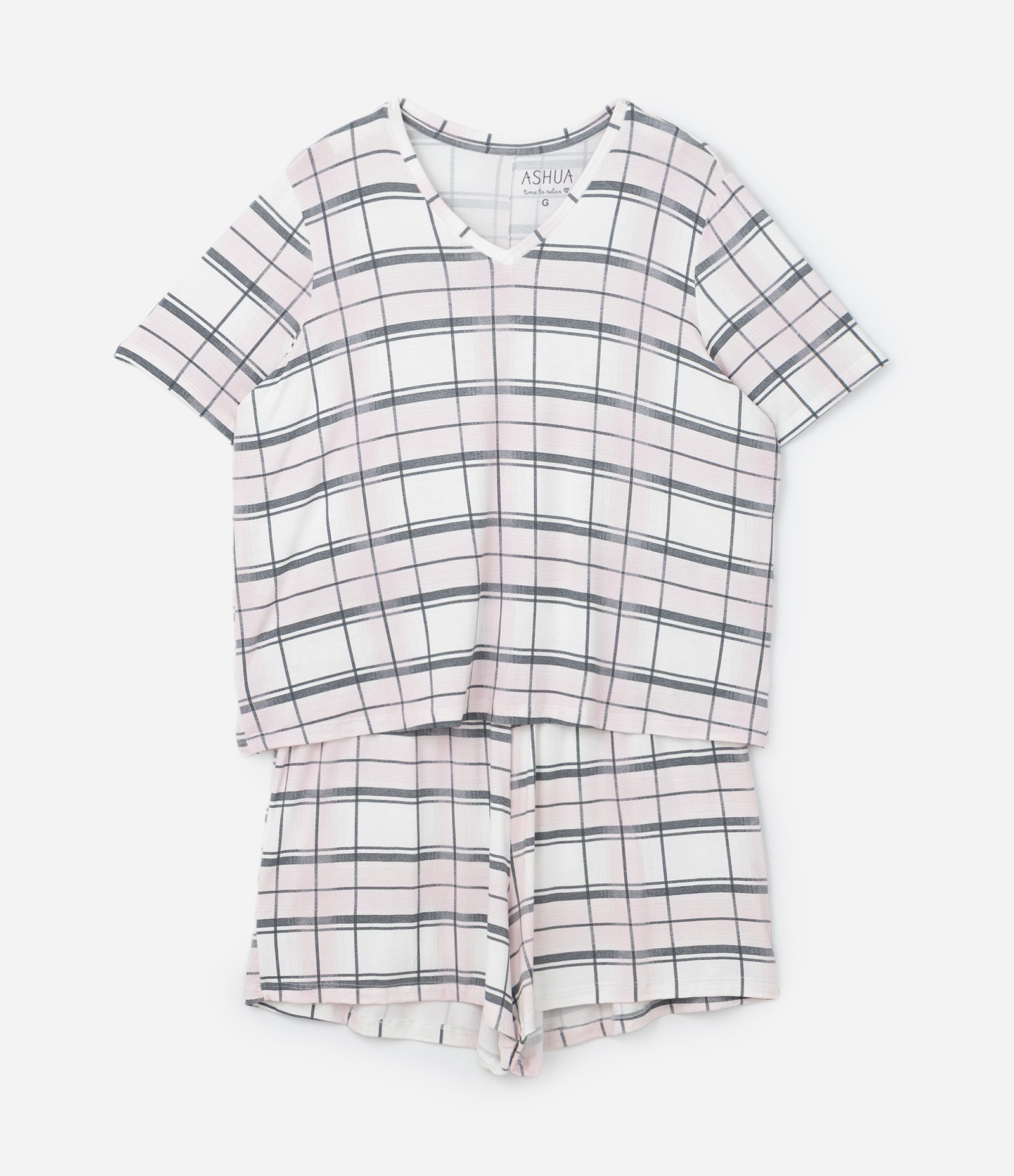 Pijama Curto em Viscolycra Xadrez Curve & Plus Size Cinza 4