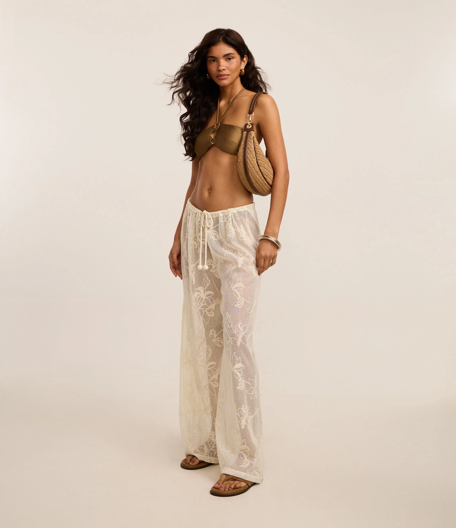 Saída de Praia Calça em Renda com Amarração na Cintura Off White 1