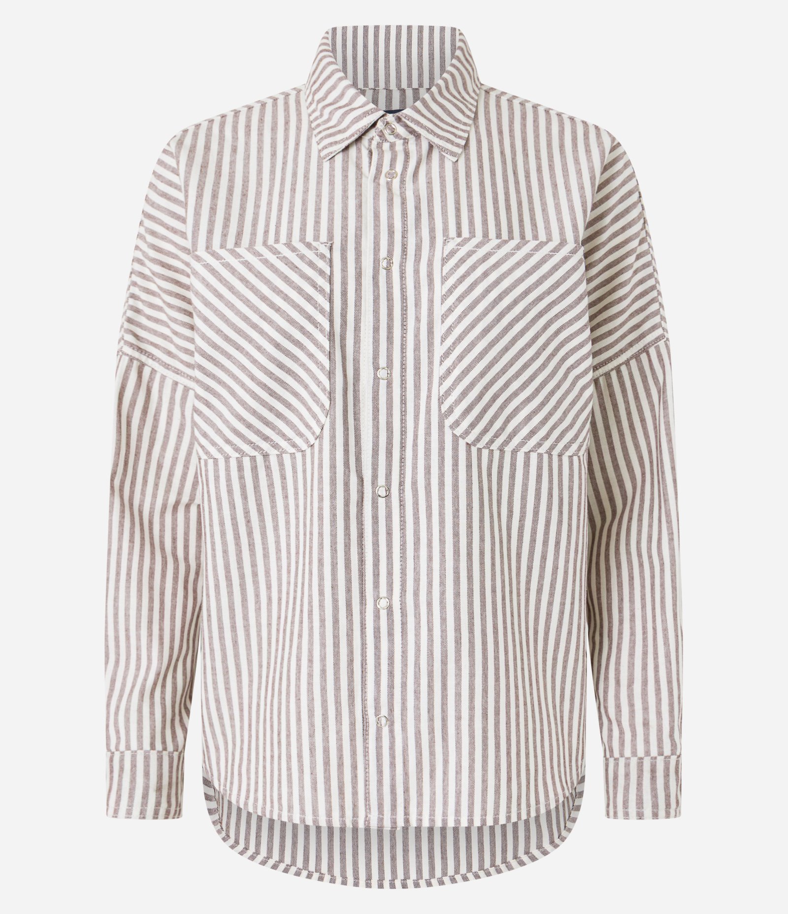 Camisa em Jeans Listrada com Cava Deslocada Marrom 5