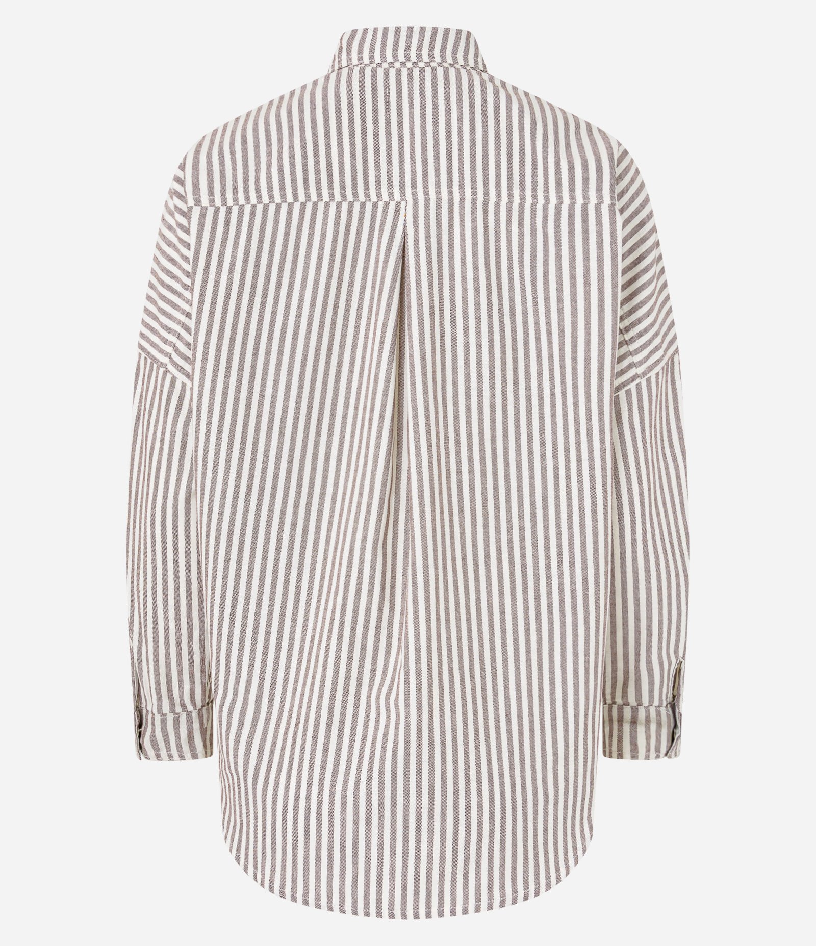 Camisa em Jeans Listrada com Cava Deslocada Marrom 6