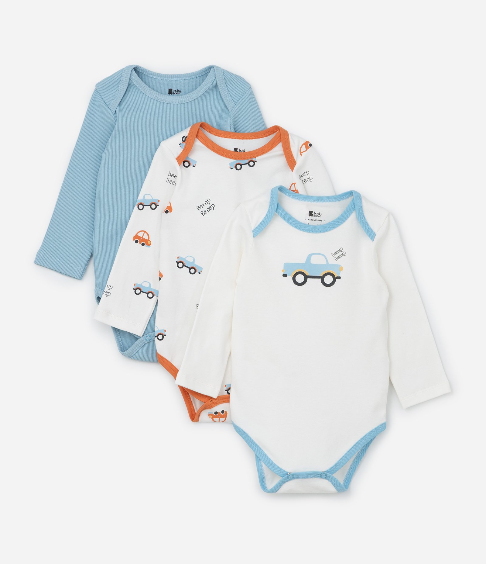 Kit 03 Bodies Infantis com Estampa Carrinhos - Tam 0 a 18 meses Azul/Branco 1