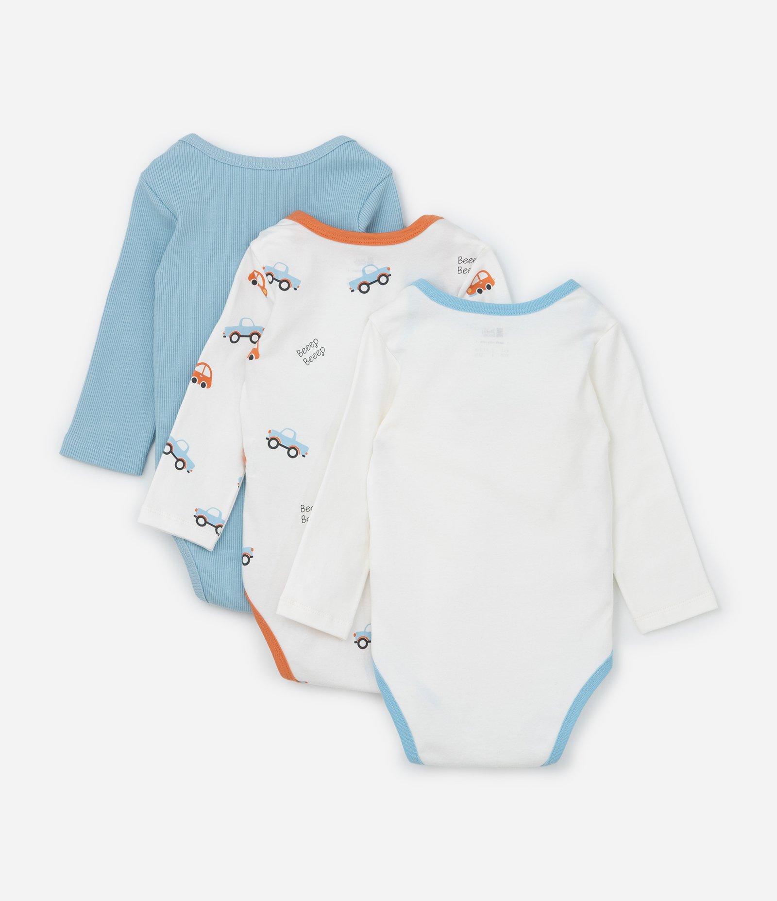 Kit 03 Bodies Infantis com Estampa Carrinhos - Tam 0 a 18 meses Azul/Branco 2