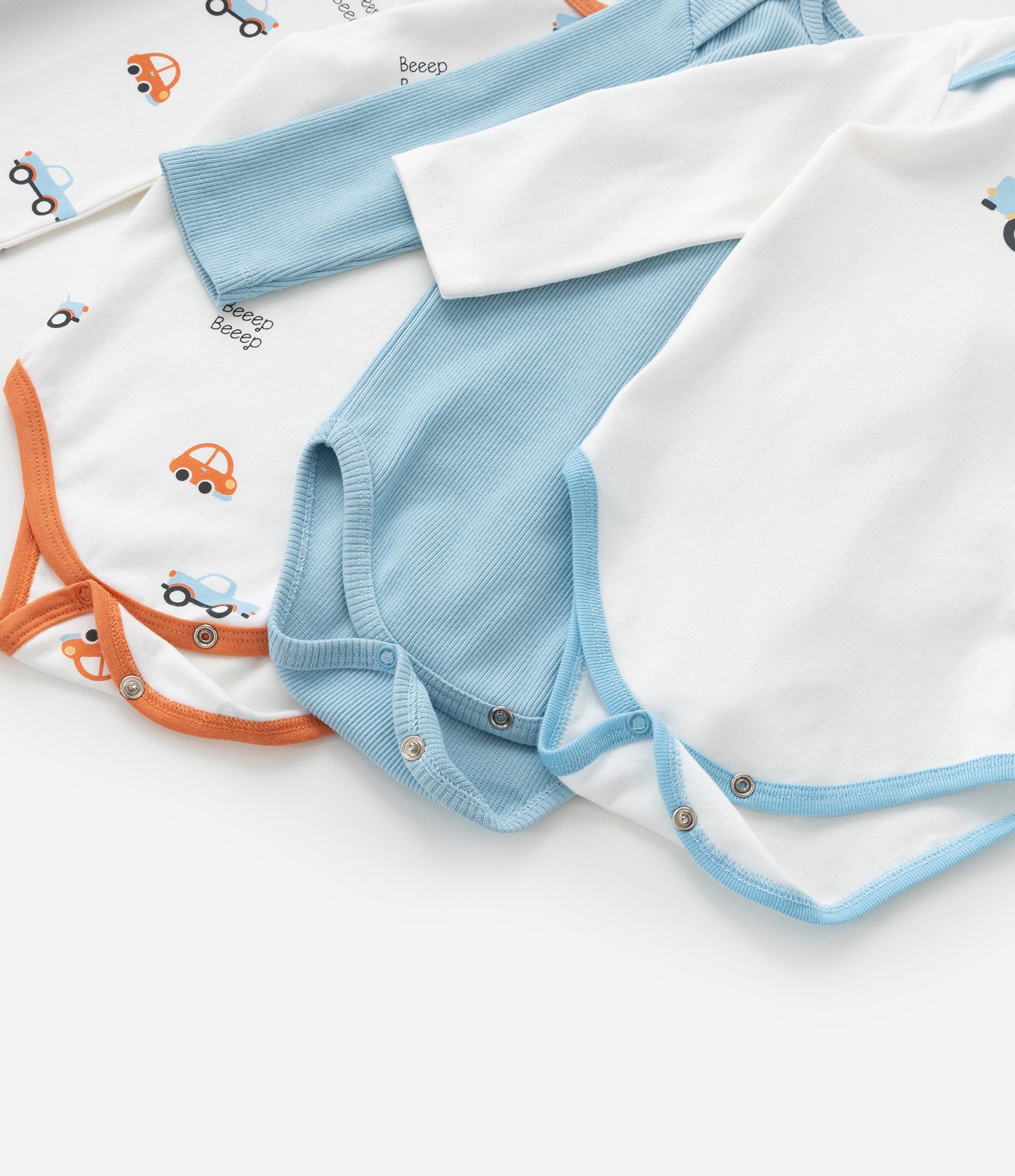 Kit 03 Bodies Infantis com Estampa Carrinhos - Tam 0 a 18 meses Azul/Branco 3