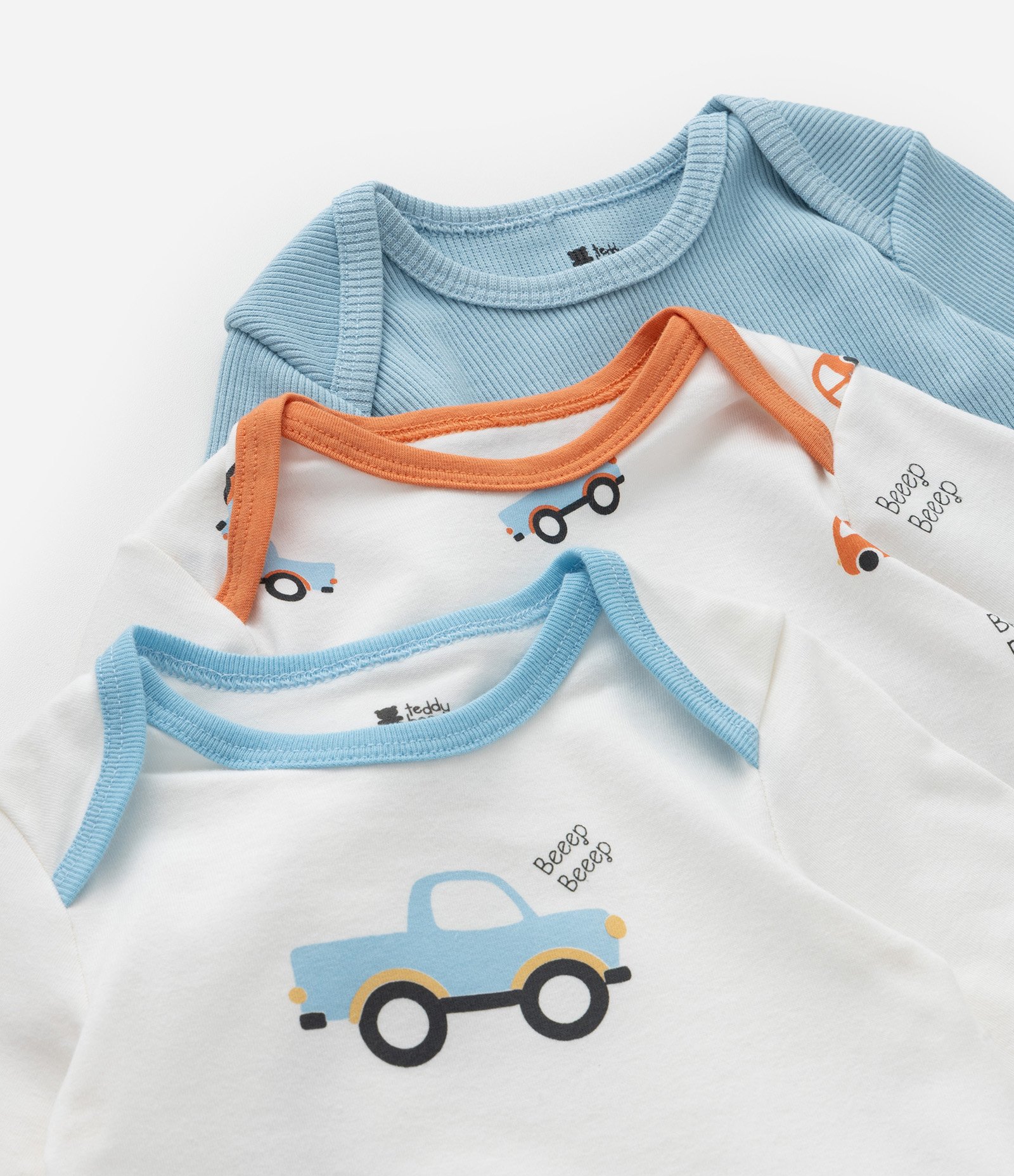 Kit 03 Bodies Infantis com Estampa Carrinhos - Tam 0 a 18 meses Azul/Branco 7