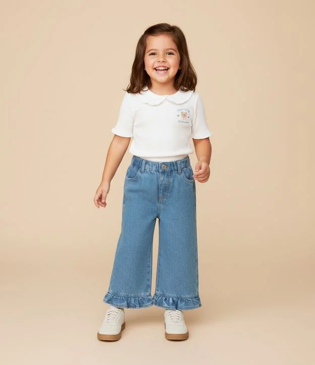 Camiseta Infantil com Manga Bufante e Bordado Urso - Tam 1 a 6 Anos