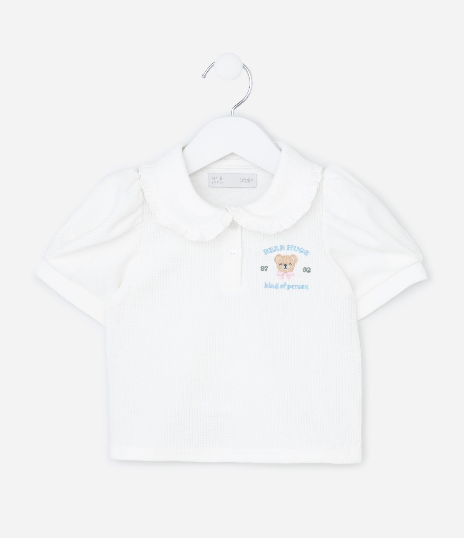 Camiseta Infantil com Manga Bufante e Bordado Urso - Tam 1 a 6 Anos Branco 1