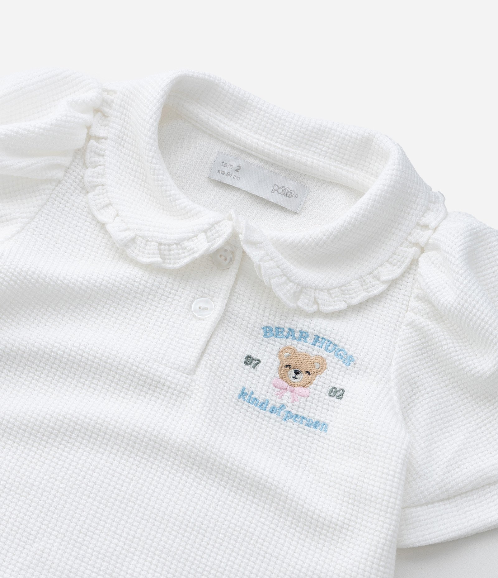 Camiseta Infantil com Manga Bufante e Bordado Urso - Tam 1 a 6 Anos Branco 5