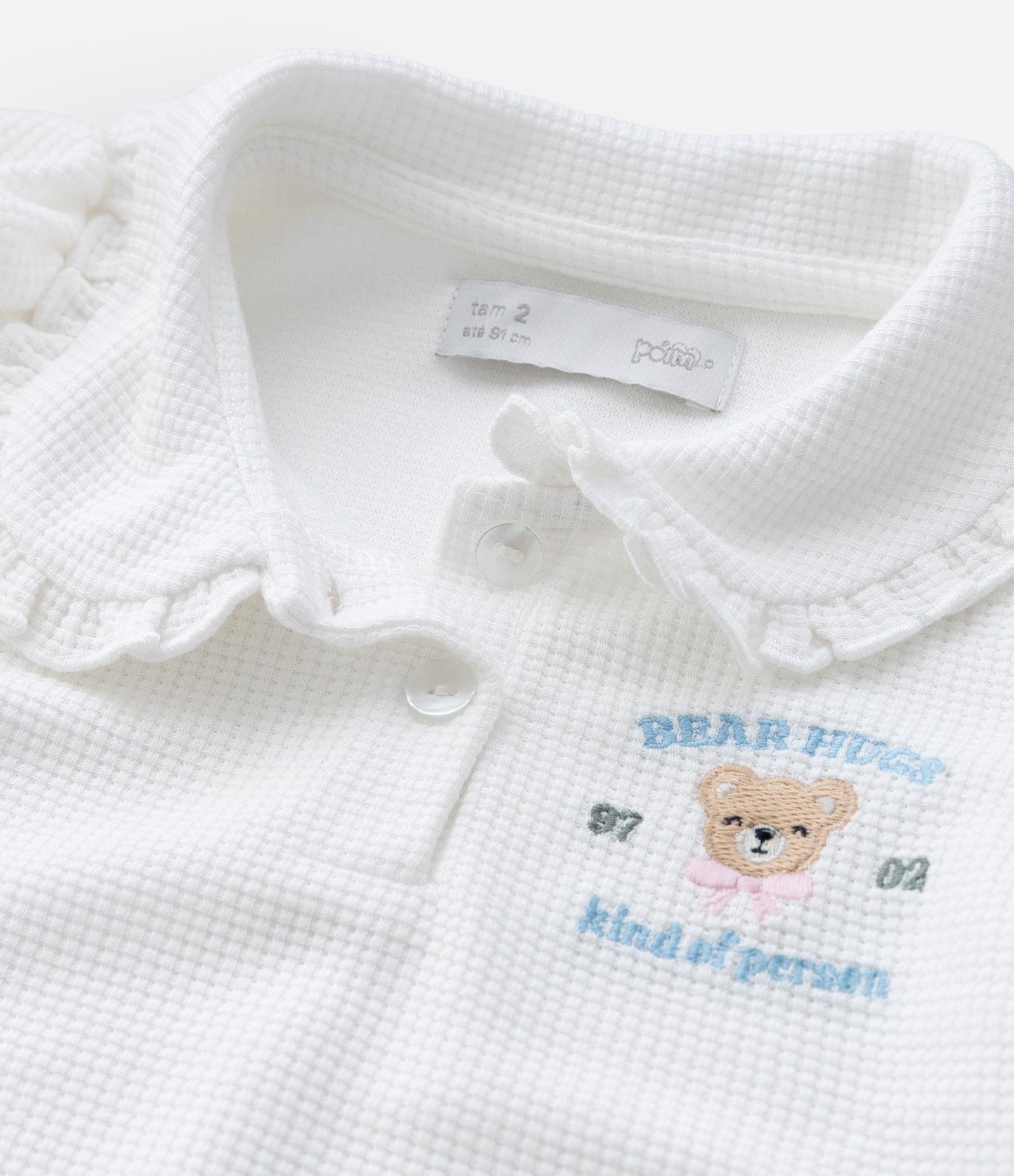 Camiseta Infantil com Manga Bufante e Bordado Urso - Tam 1 a 6 Anos Branco 6