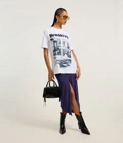 Saia Reta em Microfibra com Franzido e Fenda Frontal