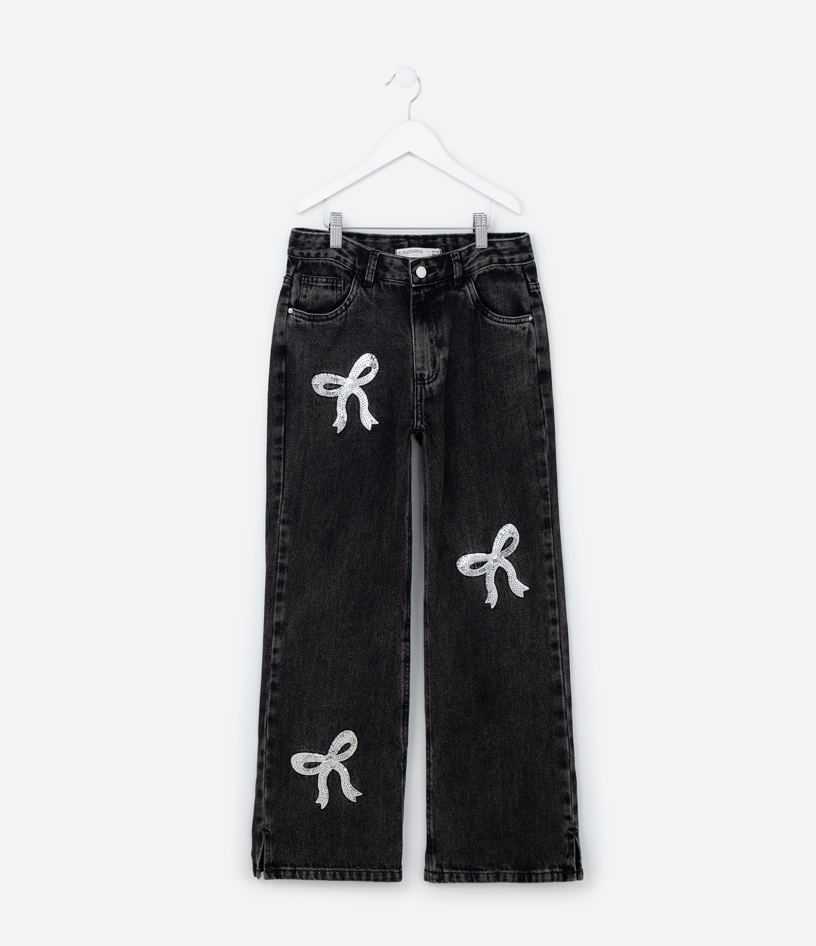 Calça Wide Leg Infantil com Laços Bordados em Paetês - Tam 5 a 14 Anos Preto 1