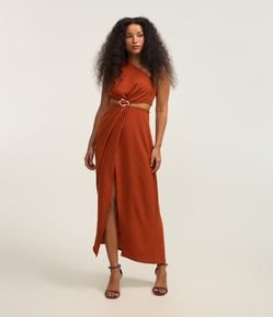 Vestido New Midi em Crepe com Ombro Só e Detalhe na Cintura