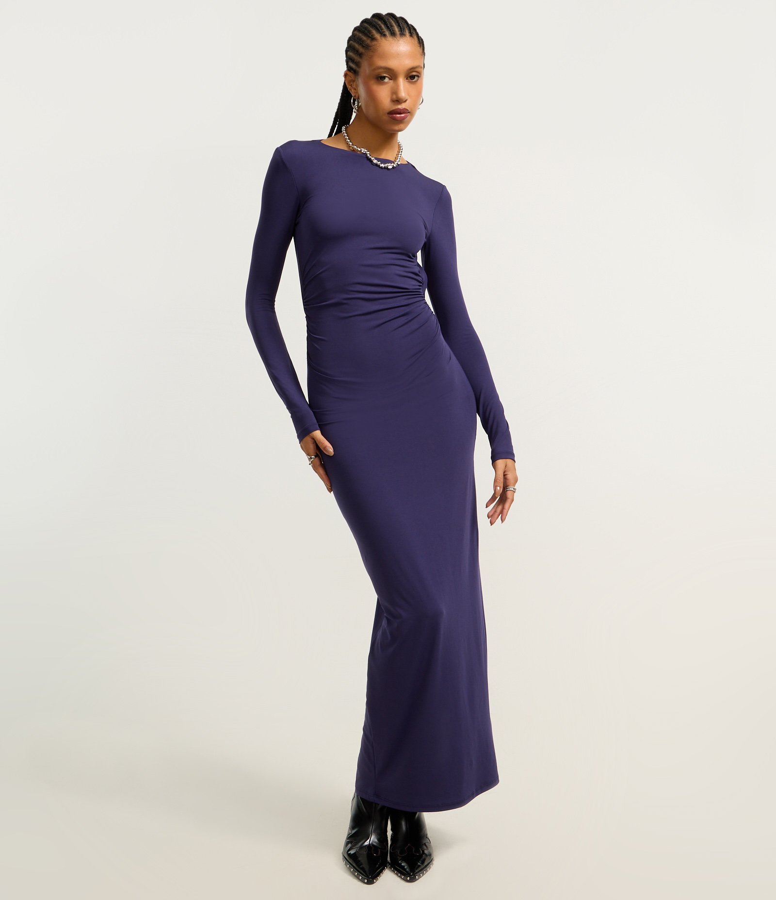 Vestido New Midi em Microfibra com Drapeado e Costas Abertas Azul 2