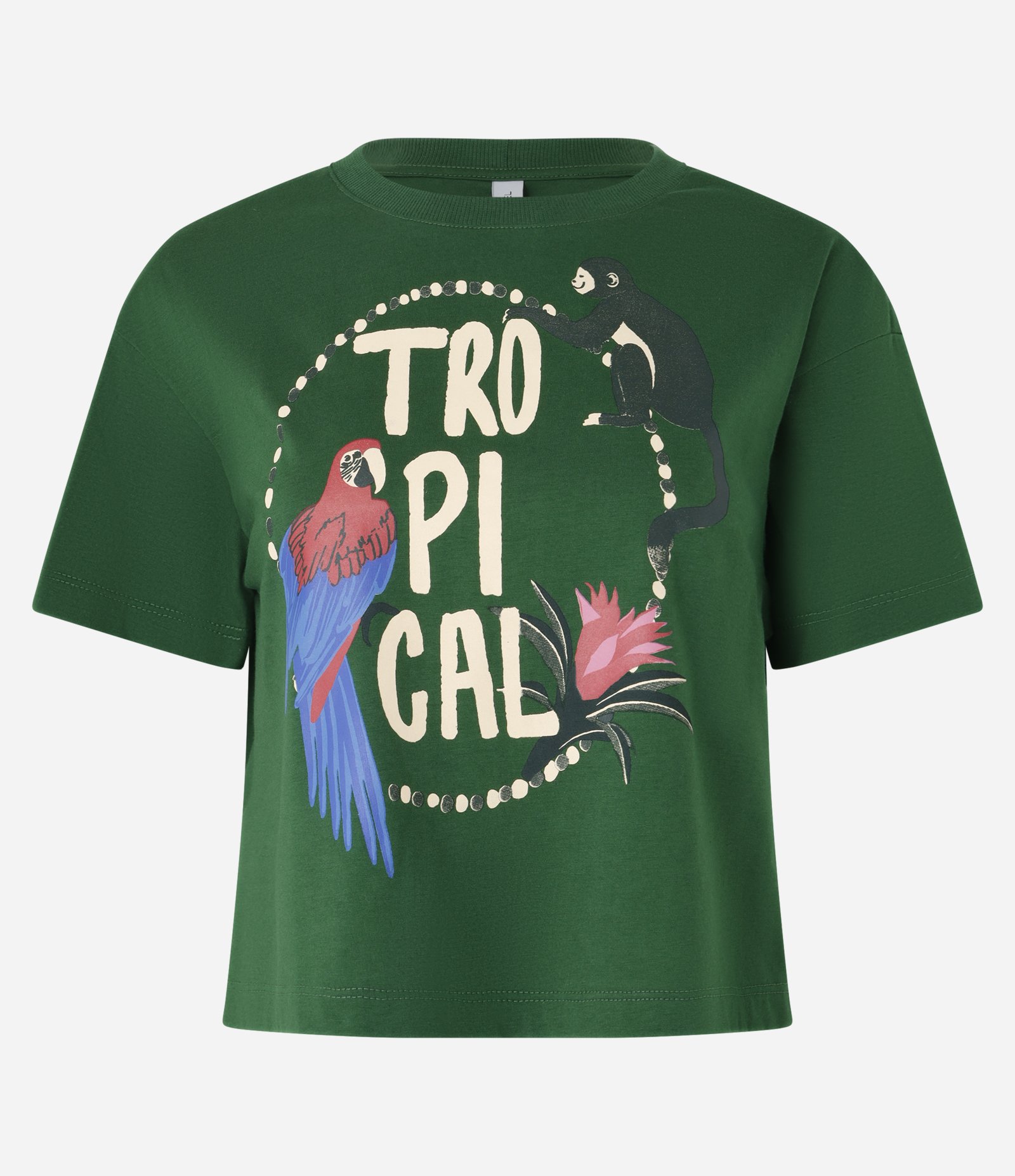 Blusa T-shirt Curta em Algodão com Estampa Tropical Verde 3