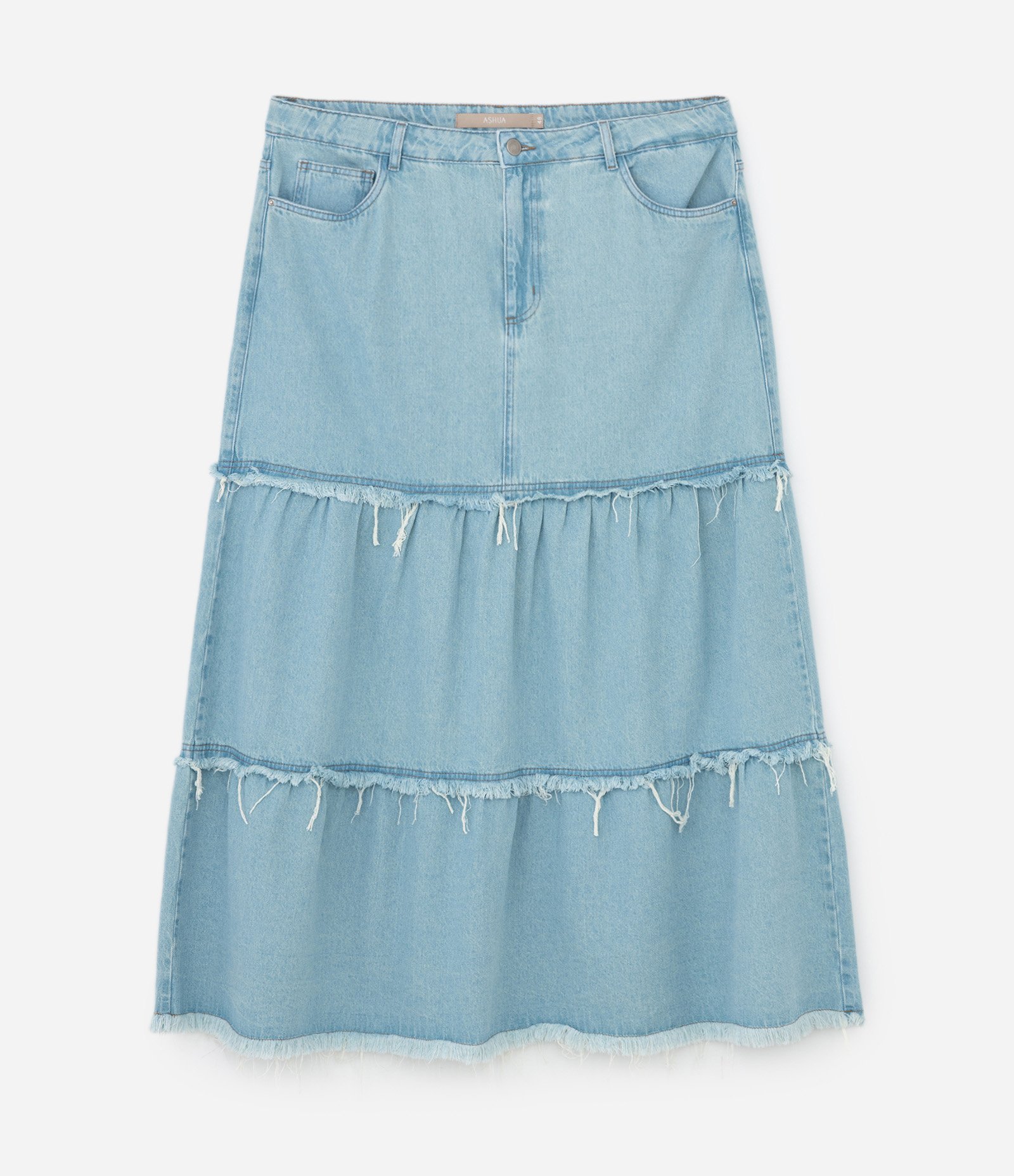 Saia Longa em Jeans com Babados Curve & Plus Size Azul 6