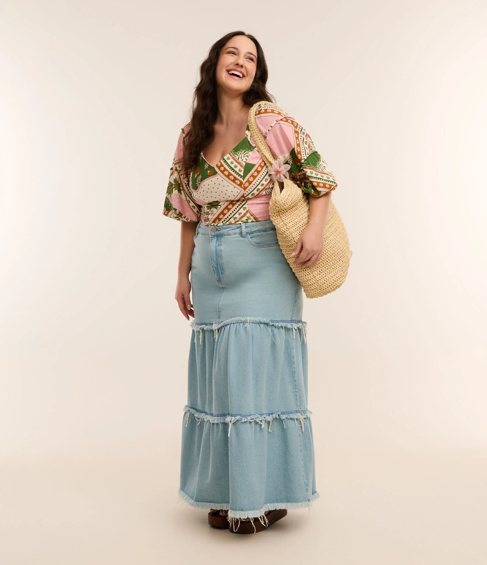 Saia Longa em Jeans com Babados Curve & Plus Size Azul 1