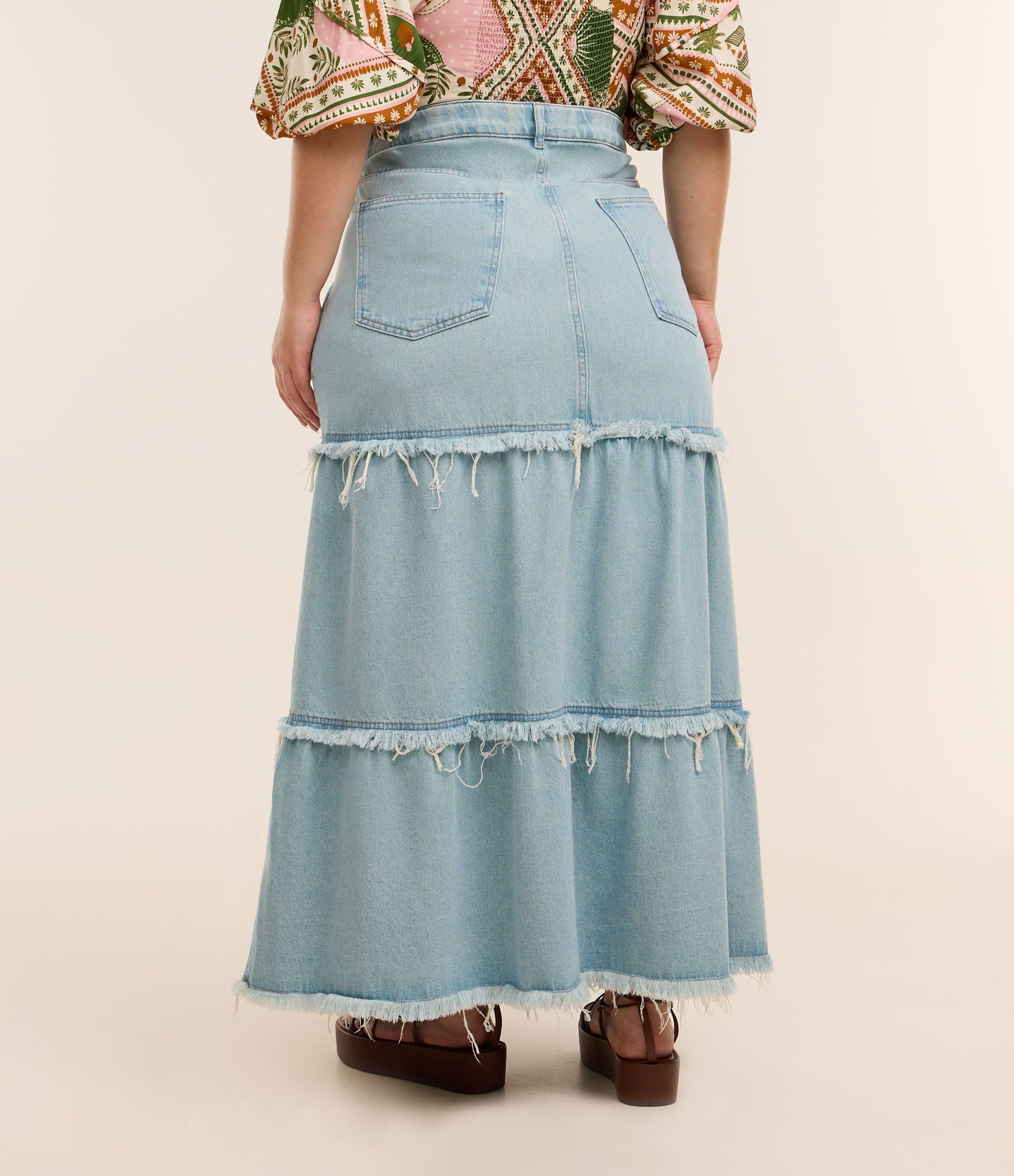 Saia Longa em Jeans com Babados Curve & Plus Size Azul 3