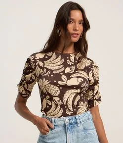 Blusa em Ribana com Franzidinho e Estampa de Frutas