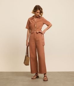 Macacão Longo Reto em Sarja com Amarração na Cintura