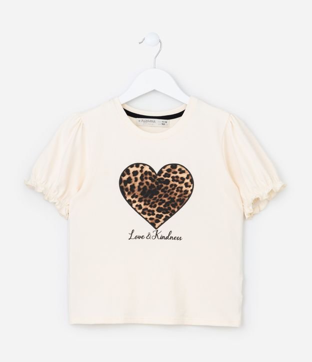 Blusa Infantil com Manga Bufante e Estampa Coração - Tam 5 a 14 Anos