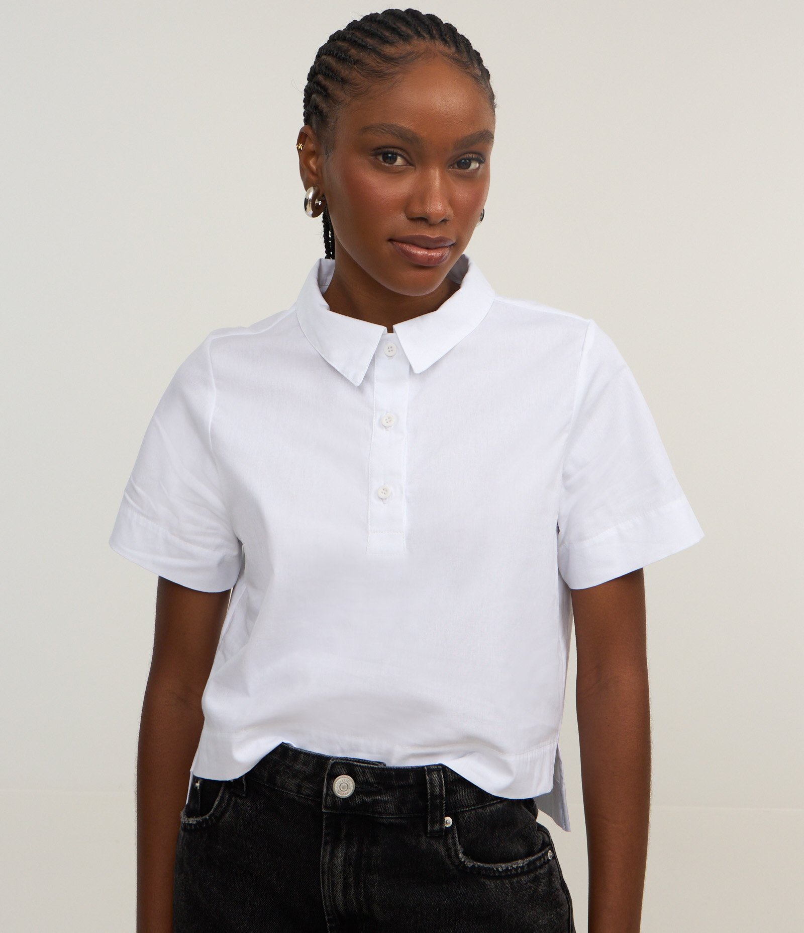 Camisa Cropped em Tricoline com Barra Alongada Branco 3