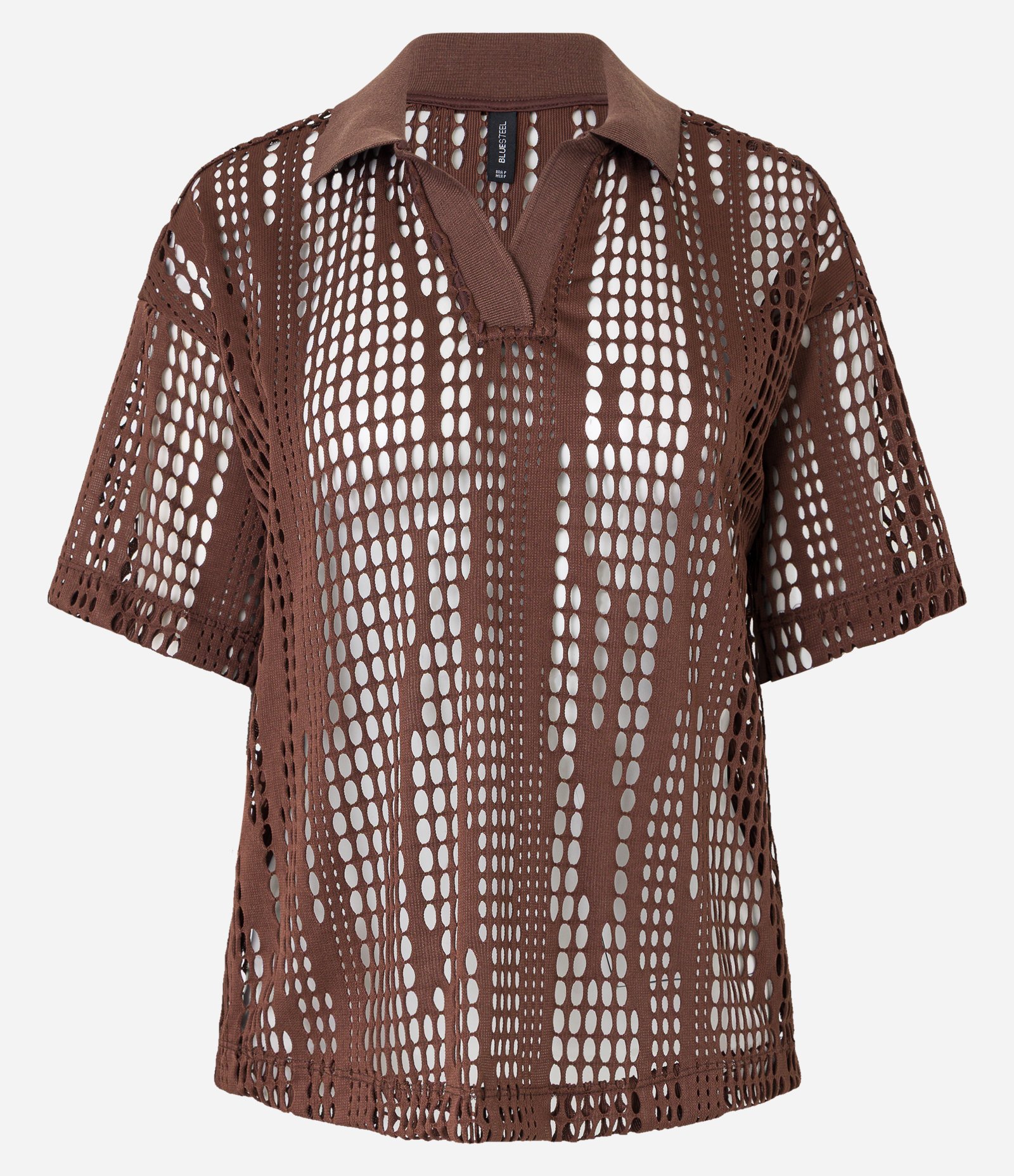 Blusa com Textura Vazada e Gola Polo Marrom 5