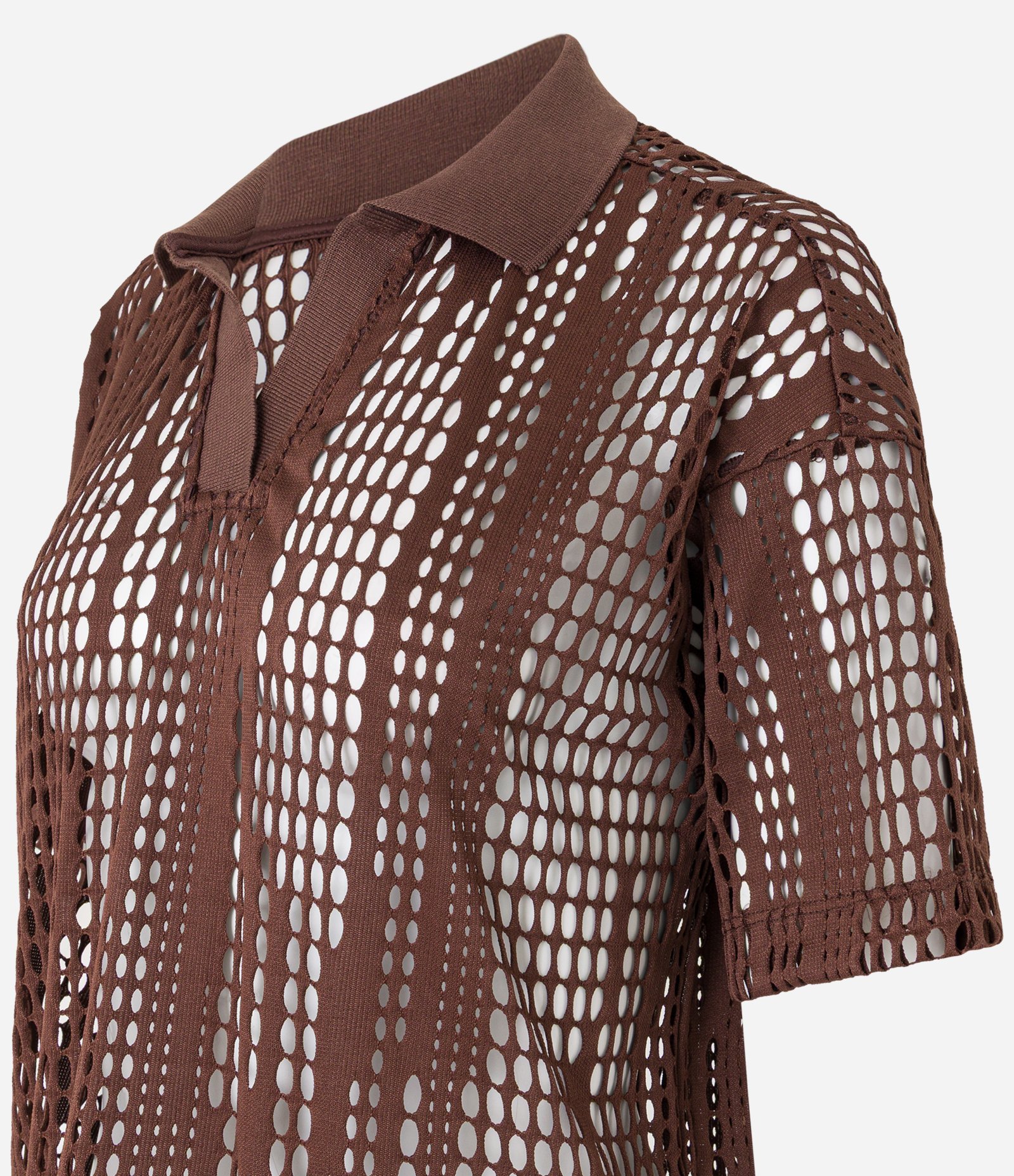 Blusa com Textura Vazada e Gola Polo Marrom 6