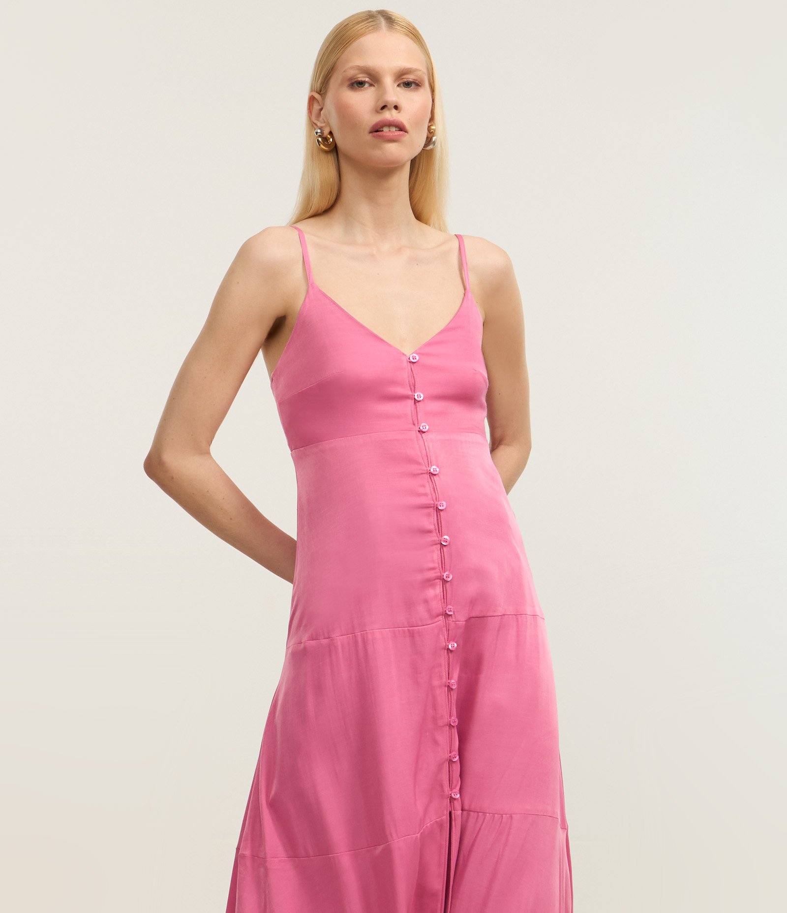 Vestido Longo Evasé com Fenda e Botões Frontais Rosa 2