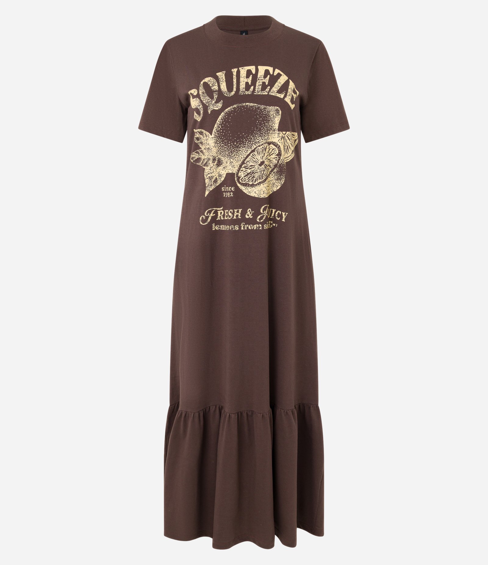 Vestido Long Midi em Algodão com Estampa Squeeze e Babado na Saia Marrom 5