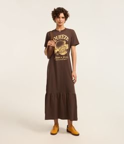 Vestido Long Midi em Algodão com Estampa Squeeze e Babado na Saia