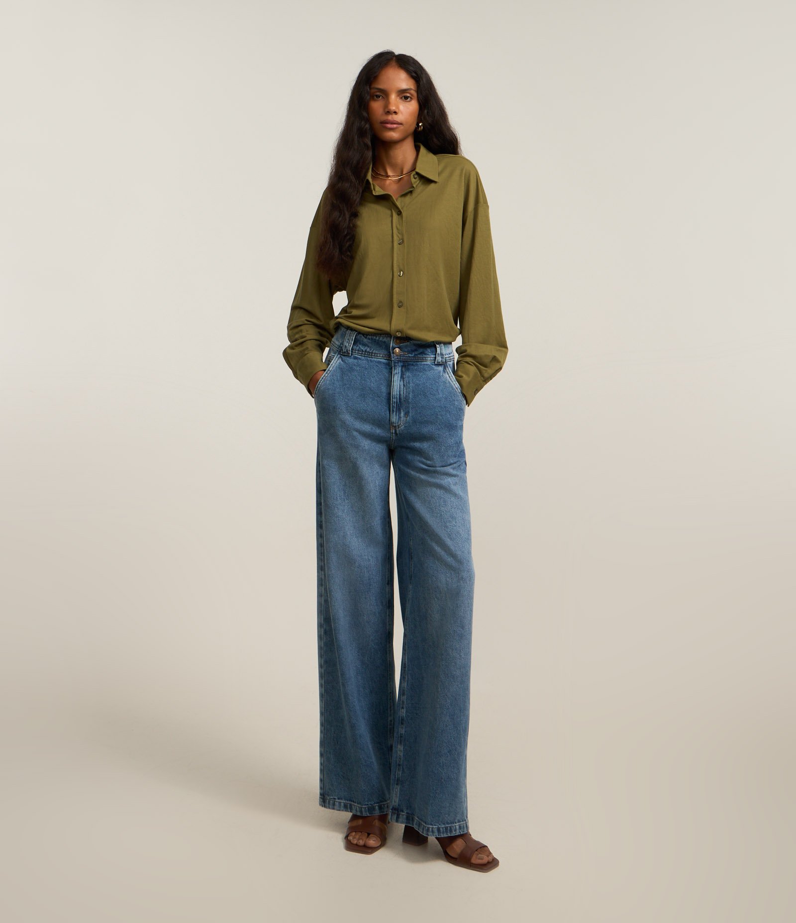 Calça Wide Leg em Jeans Destroyer e Bolsos Faca Azul 1