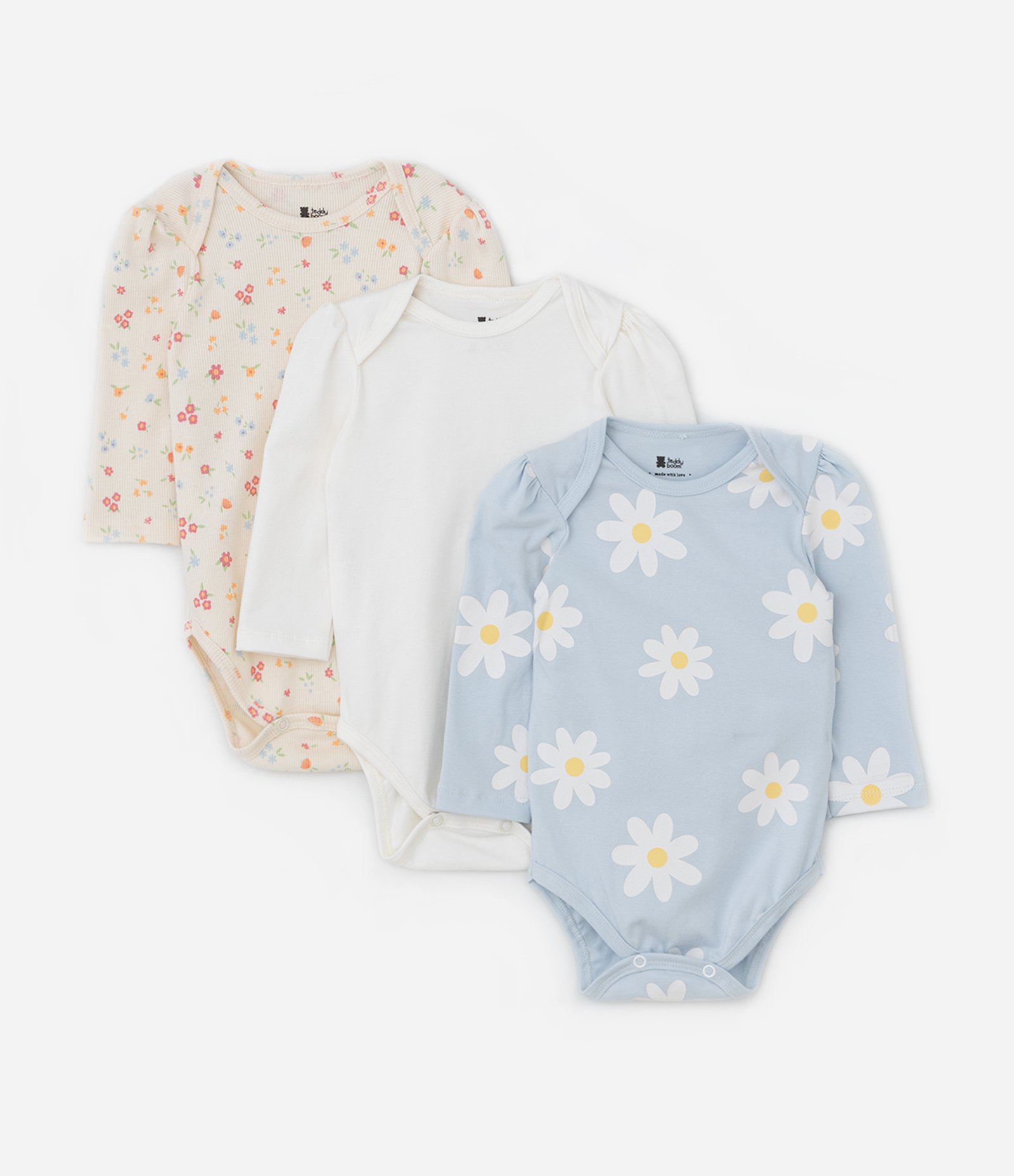 Kit 03 Bodies Infantis com Estampa Floral - Tam RN a 18 meses Bege/Branco/Azul 1