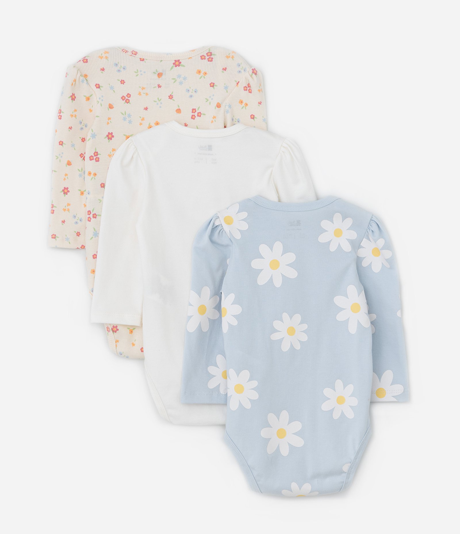 Kit 03 Bodies Infantis com Estampa Floral - Tam RN a 18 meses Bege/Branco/Azul 2