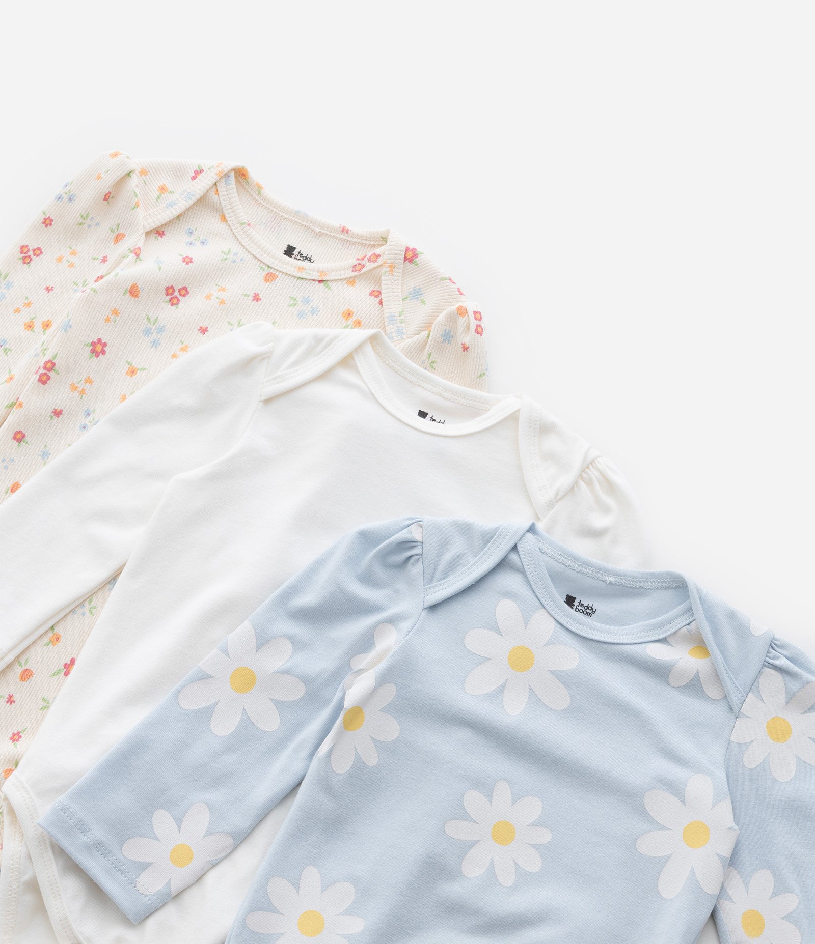 Kit 03 Bodies Infantis com Estampa Floral - Tam RN a 18 meses Bege/Branco/Azul 4